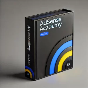 DALL·E 2025-01-25 13.49.08 – A 3D mockup of a single book or software box with a modern and sleek design. The box should have a black background with yellow and blue accents and c Adsense Academy