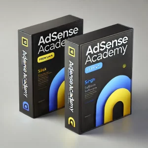 DALL·E 2025-01-25 13.51.12 – A 3D mockup of two books or software boxes placed side by side, designed in a modern and sleek style. Both boxes should have a black background with y Adsense Academy Premium